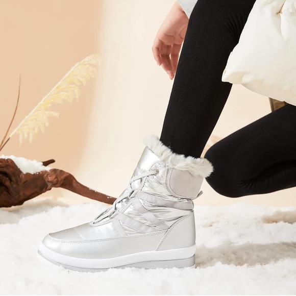 Warm Fur Lined Mid-Calf Boots Waterproof Winter Snow Boots Non-slip - Silver - Picture 5 of 6